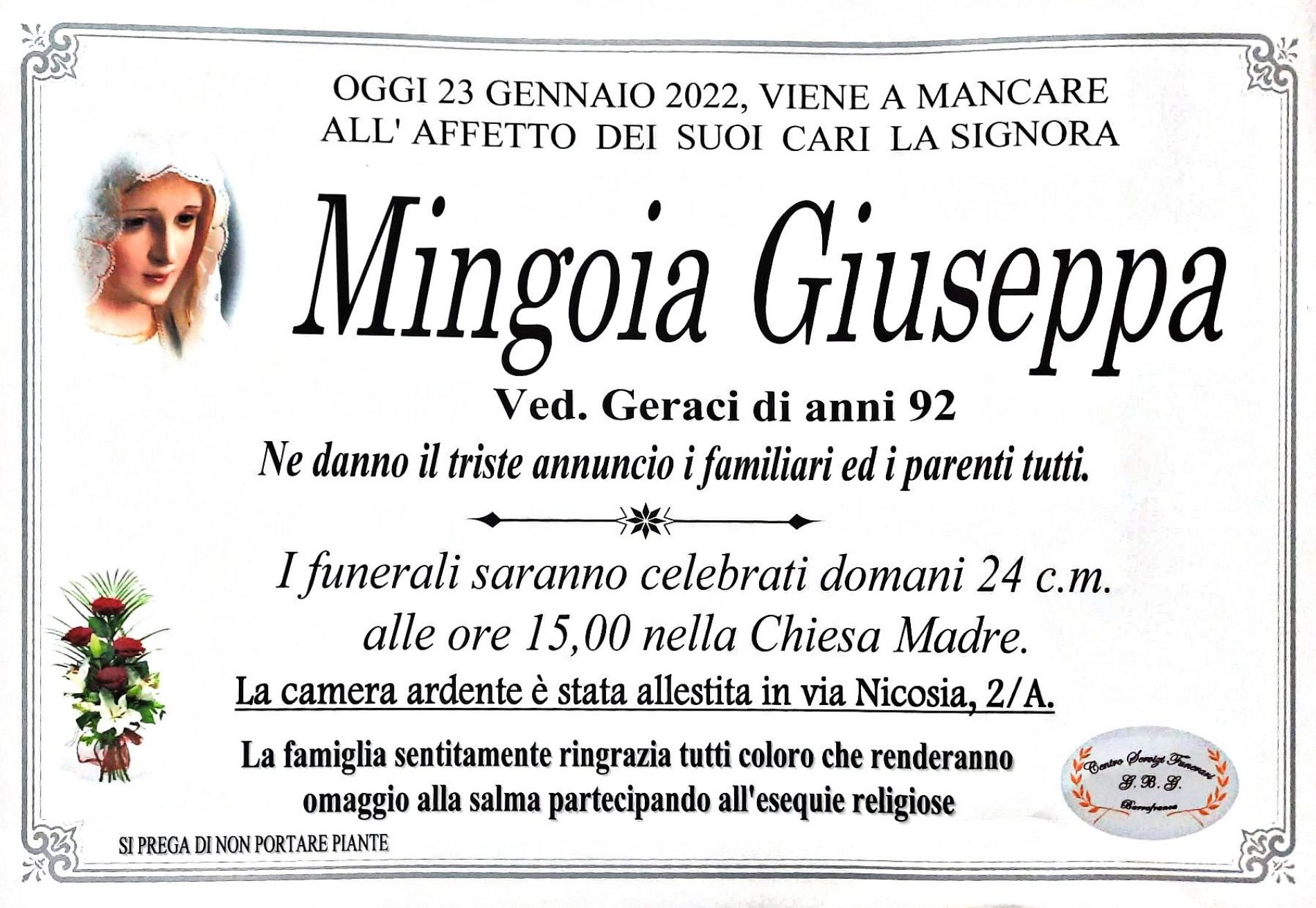 Annuncio servizi funerari agenzia G.B.G. sig.ra Mingoia Giuseppa ved. Geraci di anni 92