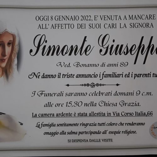 Annuncio servizi funerari agenzia G.B.G. sig.ra Simonte Giuseppa ved. Bonanno di anni 89
