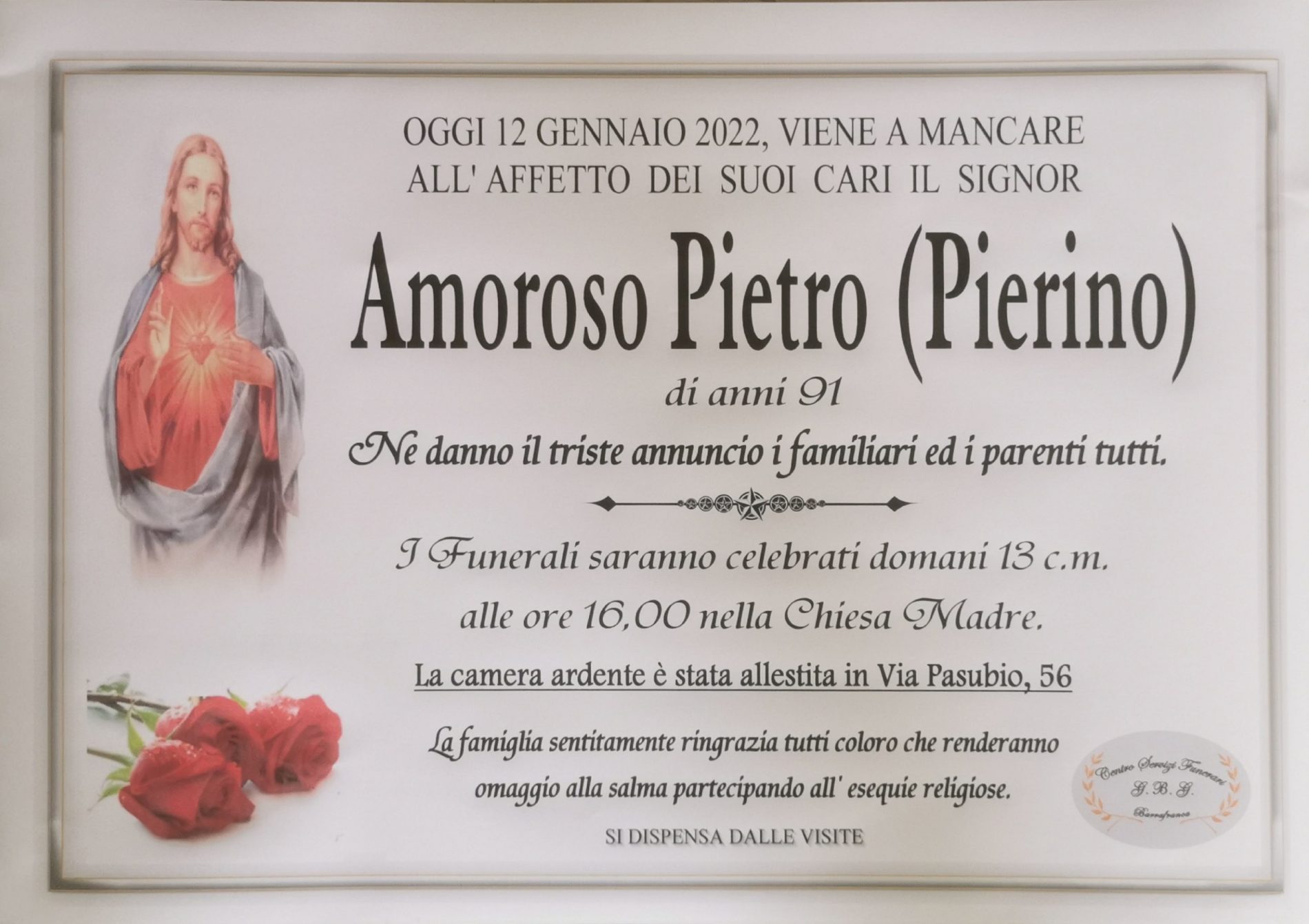 Annuncio servizi funerari agenzia G.B.G. sig Amoroso Pietro (Pierino) di anni 91
