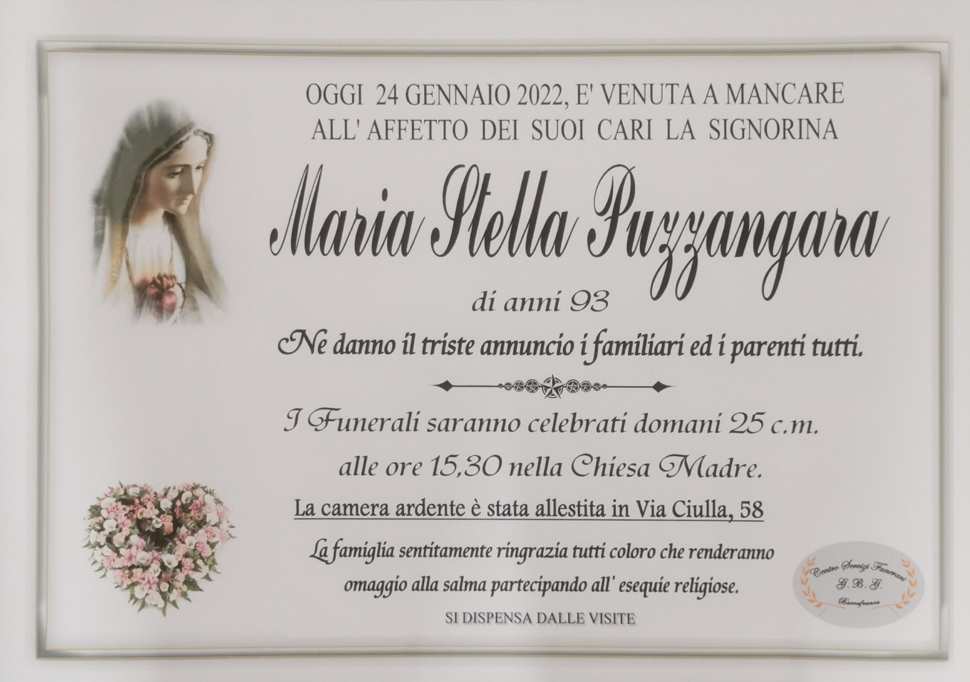 Annuncio servizi funerari agenzia G.B.G. signorina Maria Stella Puzzangara di anni 93
