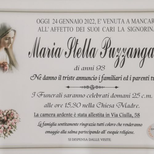 Annuncio servizi funerari agenzia G.B.G. signorina Maria Stella Puzzangara di anni 93