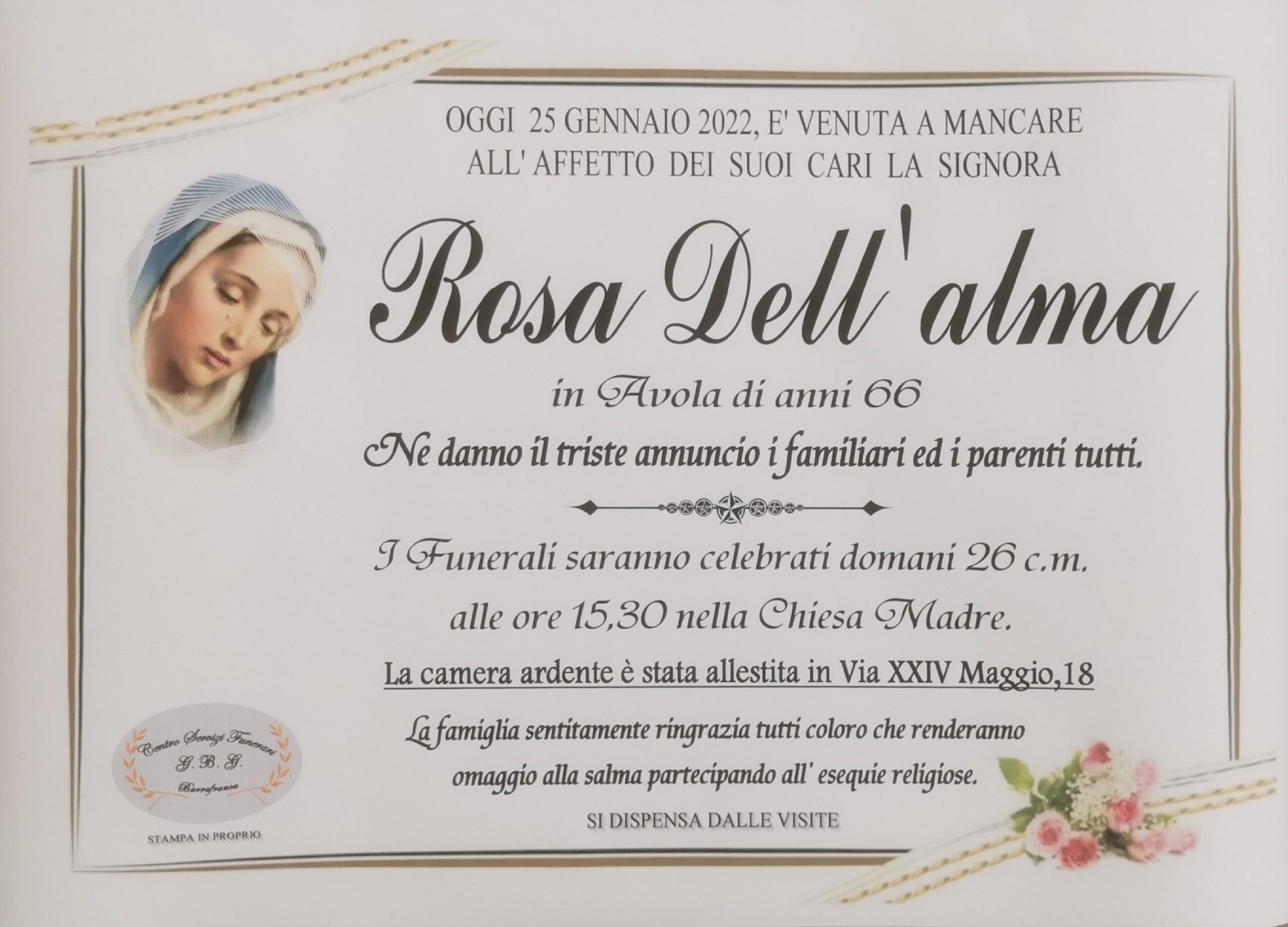 Annuncio servizi funerari agenzia G.B.C. sig.ra Rosa Dell’alma in Avola di anni 66