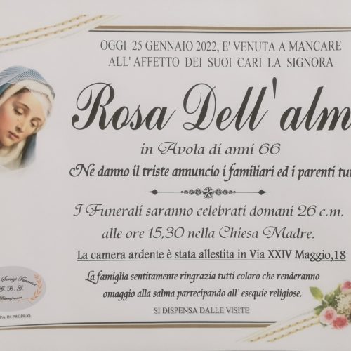 Annuncio servizi funerari agenzia G.B.C. sig.ra Rosa Dell’alma in Avola di anni 66