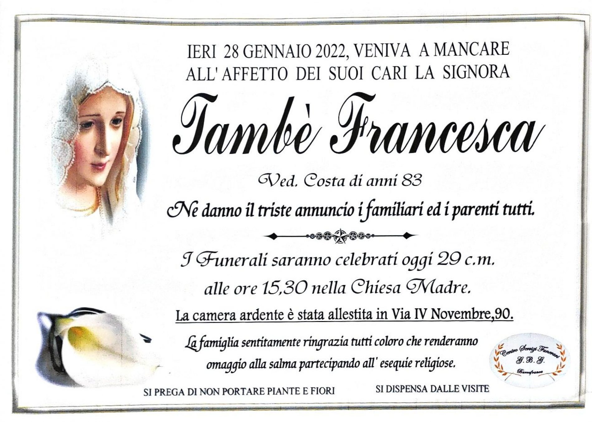 Annuncio servizi funerari agenzia G.B.G. sig.ra Tambè Francesca ved. Costa di anni 83