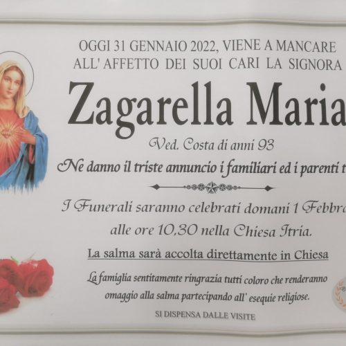 Annuncio servizi funerari agenzia G.B.G. sig.ra Zagarella Maria ved. Costa di anni 93