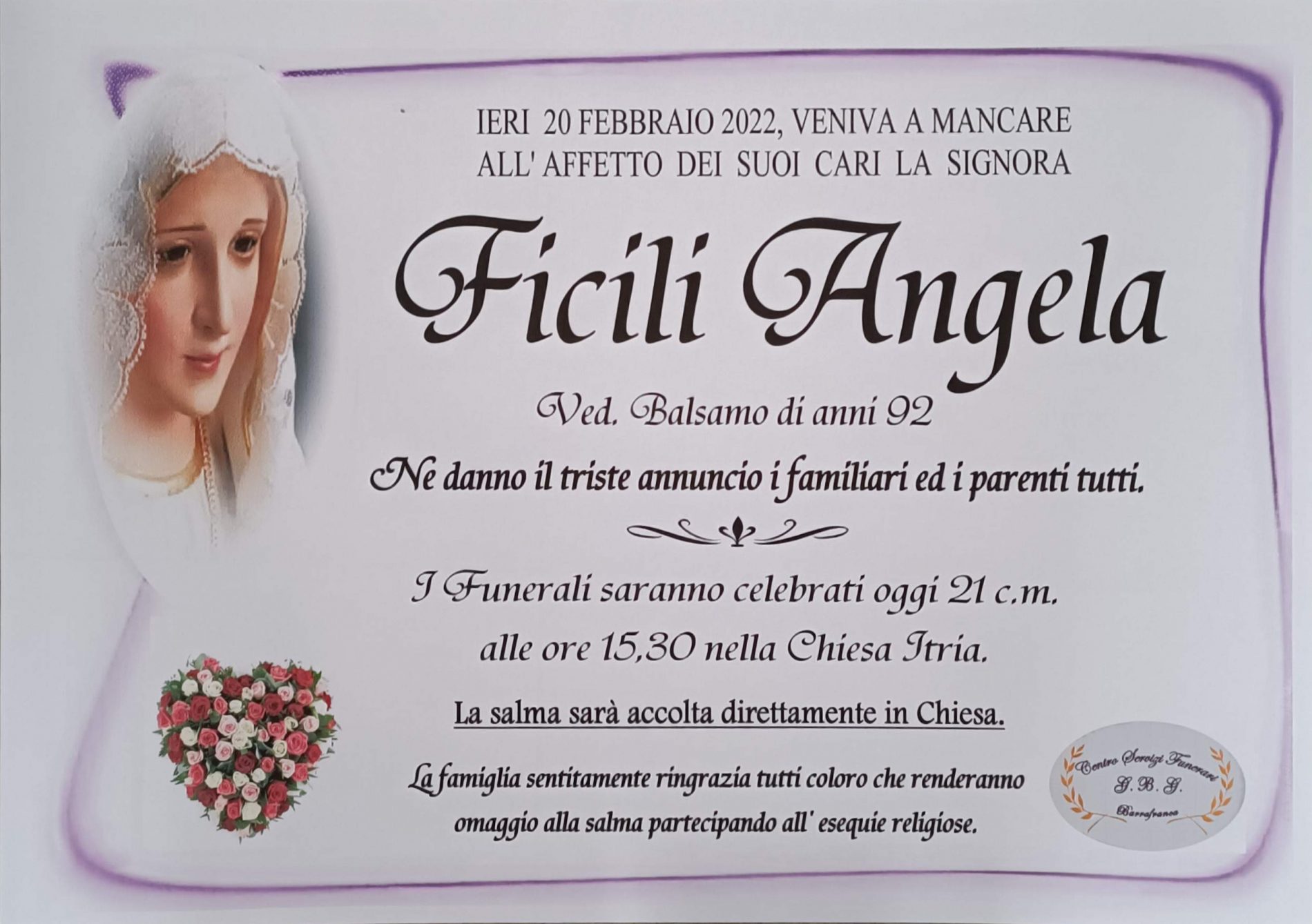 Annuncio servizi funerari agenzia G.B.G. sig.ra Filici Angela ved. Balsamo di anni 92