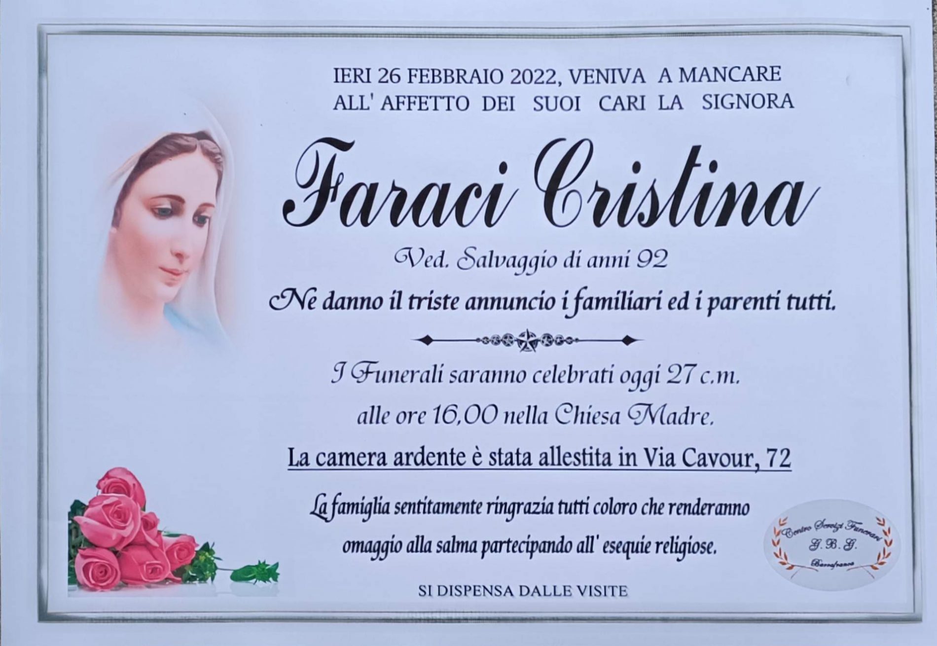 Annuncio servizi funerari agenzia G.B.G. signora Faraci Cristina ved. Salvaggio di anni 92