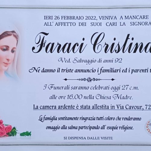 Annuncio servizi funerari agenzia G.B.G. signora Faraci Cristina ved. Salvaggio di anni 92