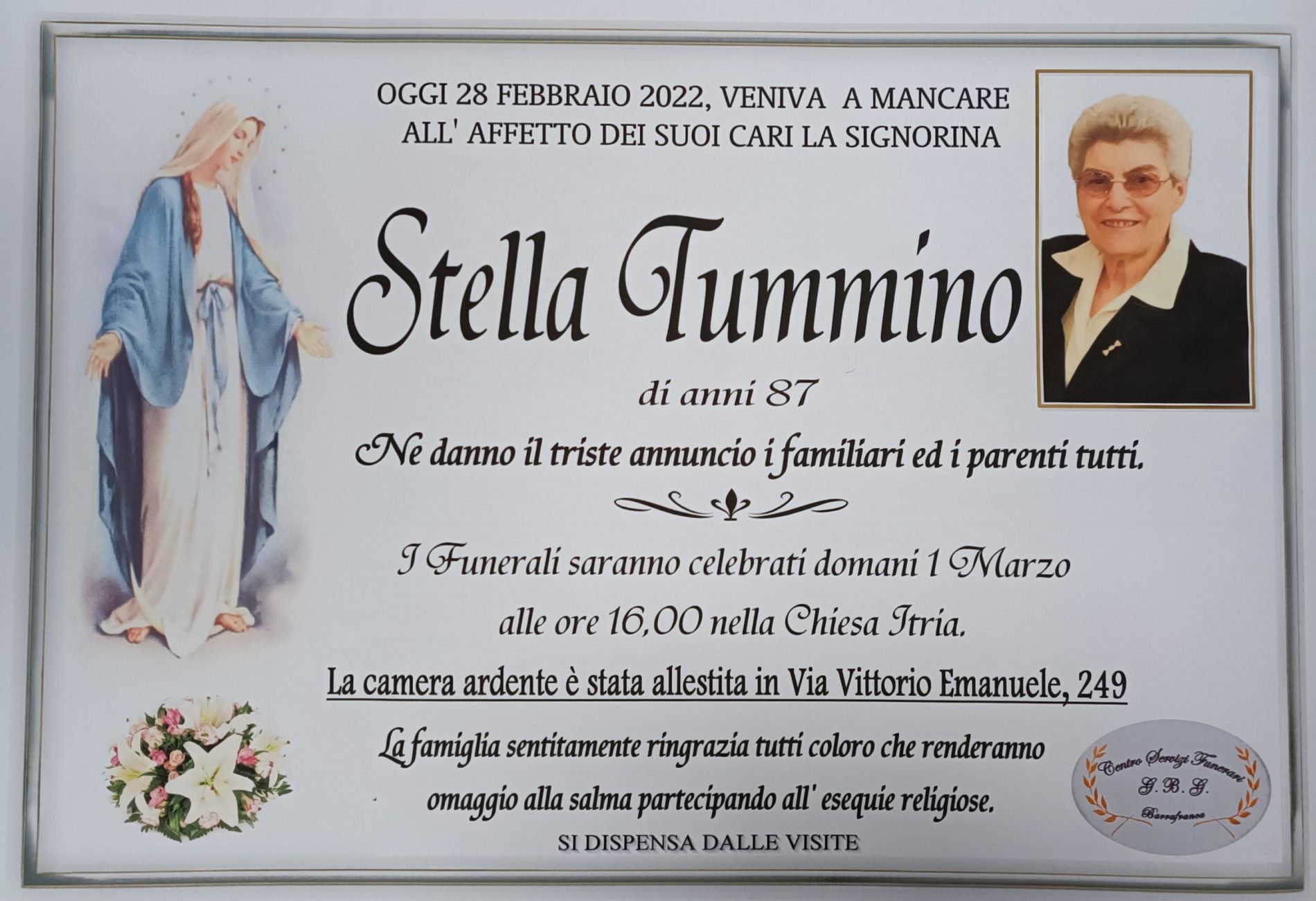 Annuncio servizi funerari agenzia G.B.G. signorina Stella Tummino di anni 87
