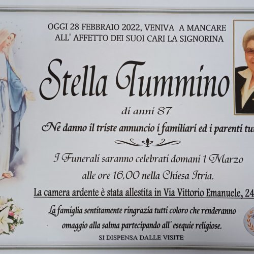 Annuncio servizi funerari agenzia G.B.G. signorina Stella Tummino di anni 87