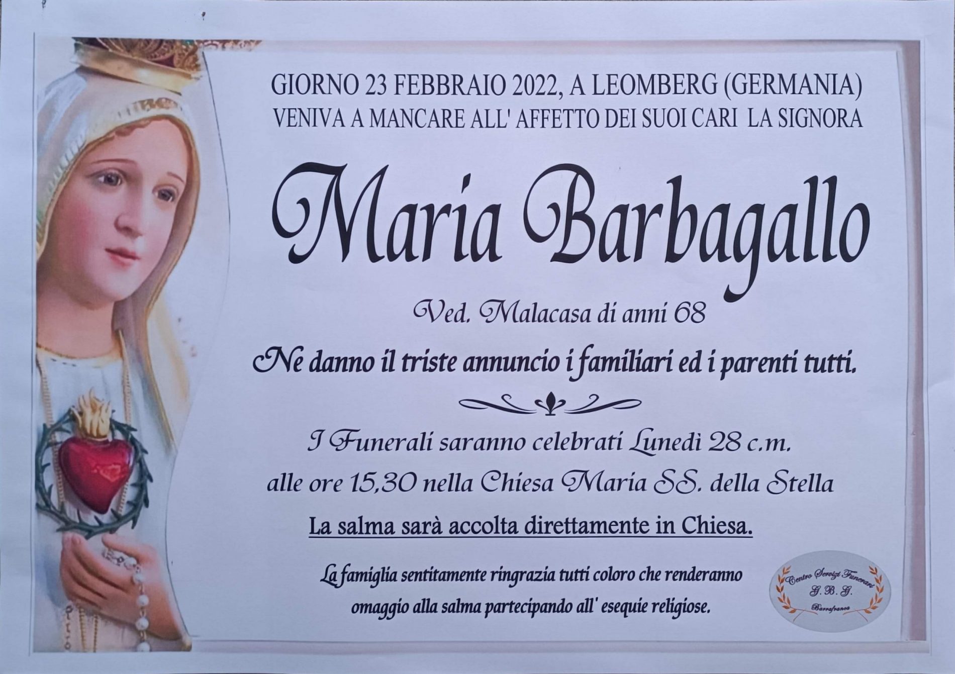 Annuncio servizi funerari agenzia G.B.G. sig.ra Barbagallo Maria ved. Malacasa di anni 68