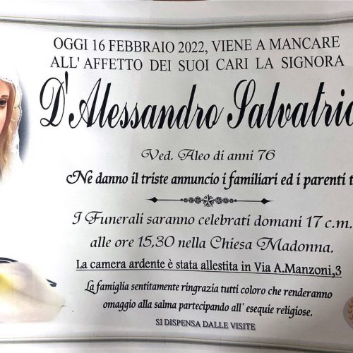Annuncio servizi funerari agenzia G.B.G. sig.ra D’alessandro Salvatrice ved. Aleo di anni 76