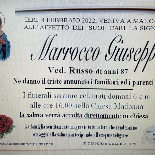 Annuncio servizi funerari agenzia G.B.G. sig.ra Marrocco Giuseppa ved. Russo di anni 87