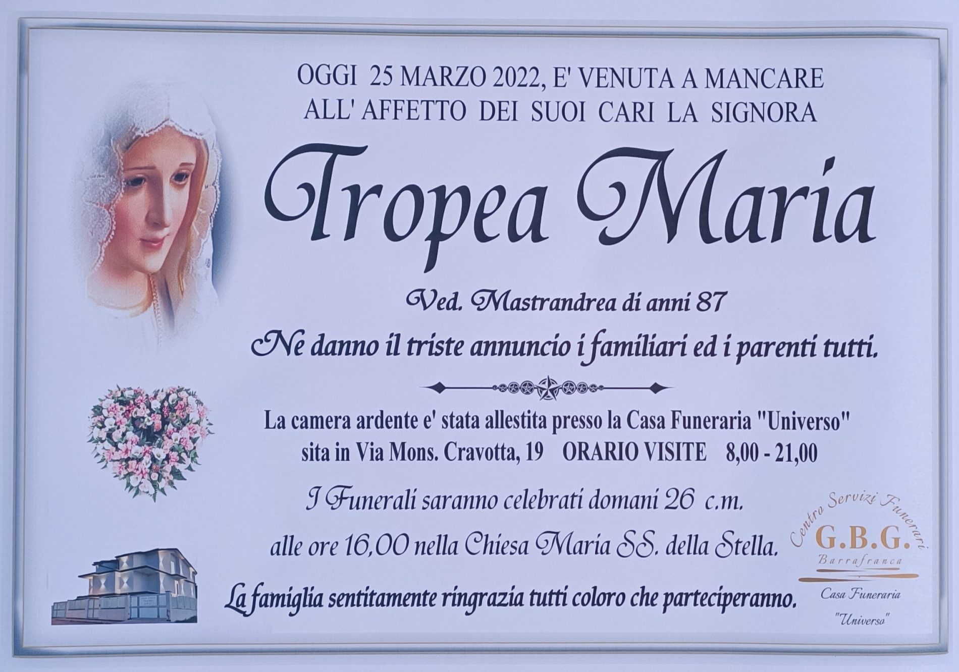 Annuncio servizi funerari agenzia G.B.G. signora Tropea Maria ved. Mastrandrea di anni 87