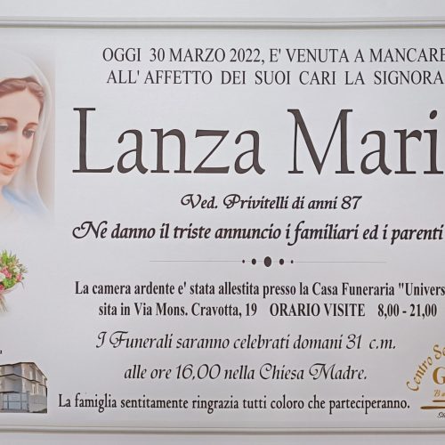 ANNUNCIO CENTRO SERVIZI FUNERARI G.B.G. sig.ra Lanza Maria ved. Privitelli di anni 87