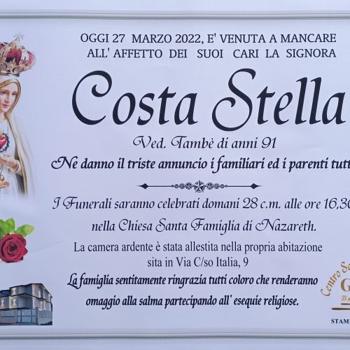 ANNUNCIO CENTRO SERVIZI FUNERARI G.B.G. sig.ra Costa Stella ved. Tambè di anni 91