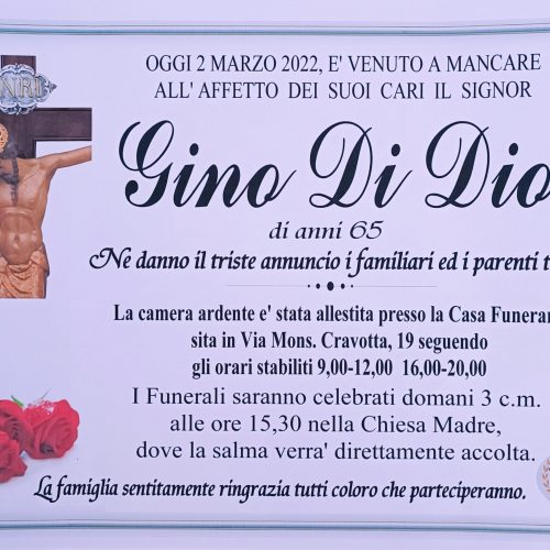 Annuncio servizi funerari agenzia G.B.G. sig. Gino Di Dio di anni 65