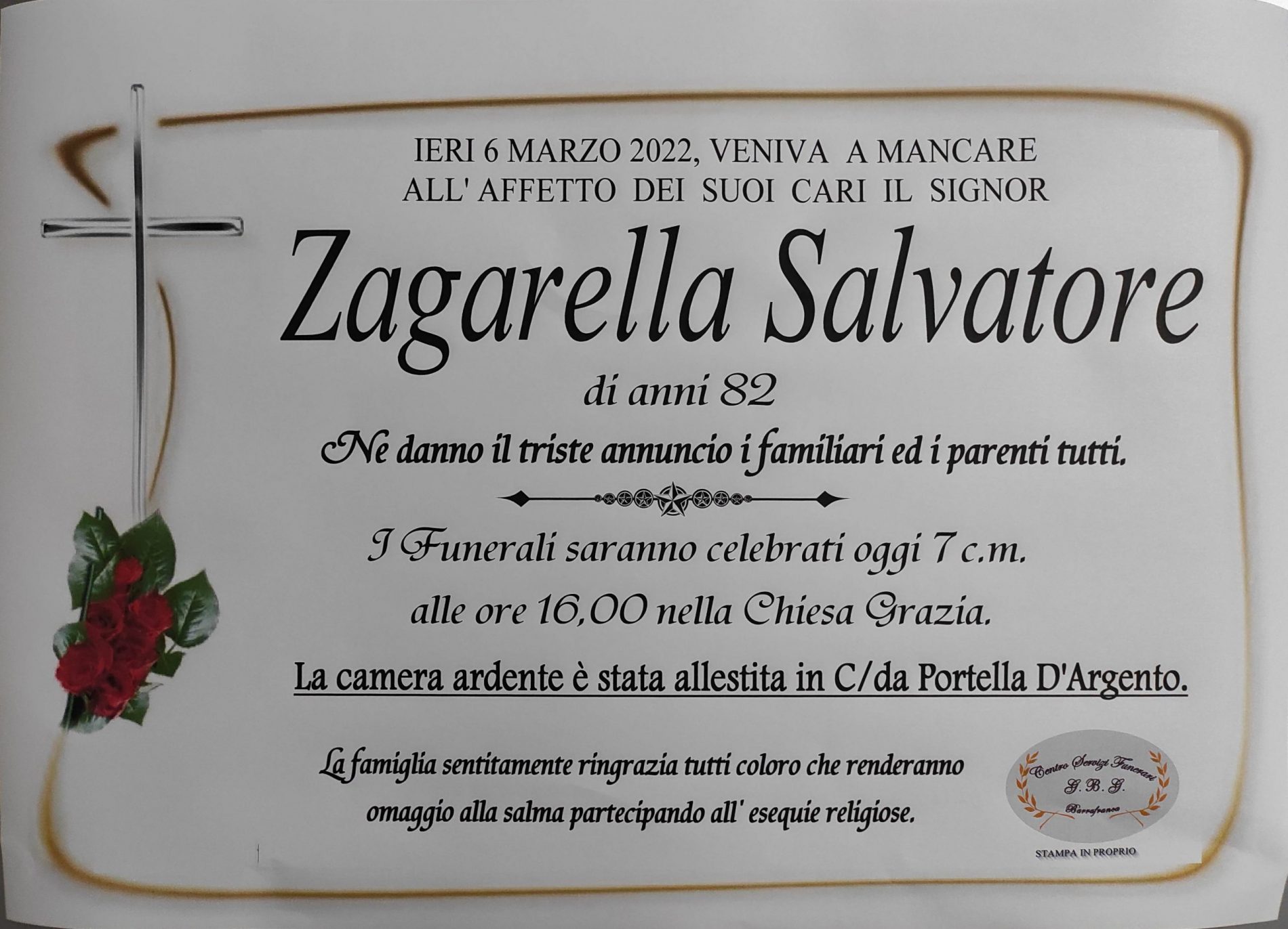 Annuncio servizi funerari agenzia G.B.G. sig. Zagarella Salvatore di anni 82