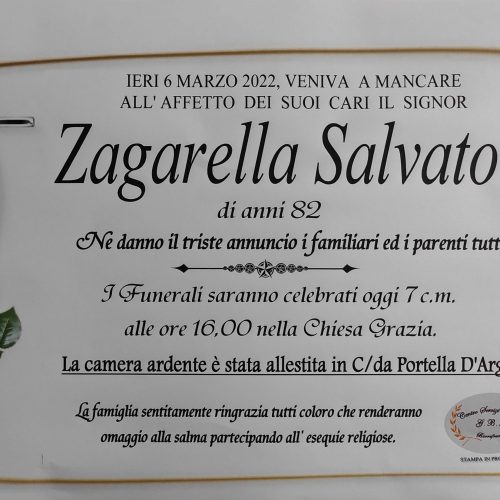 Annuncio servizi funerari agenzia G.B.G. sig. Zagarella Salvatore di anni 82