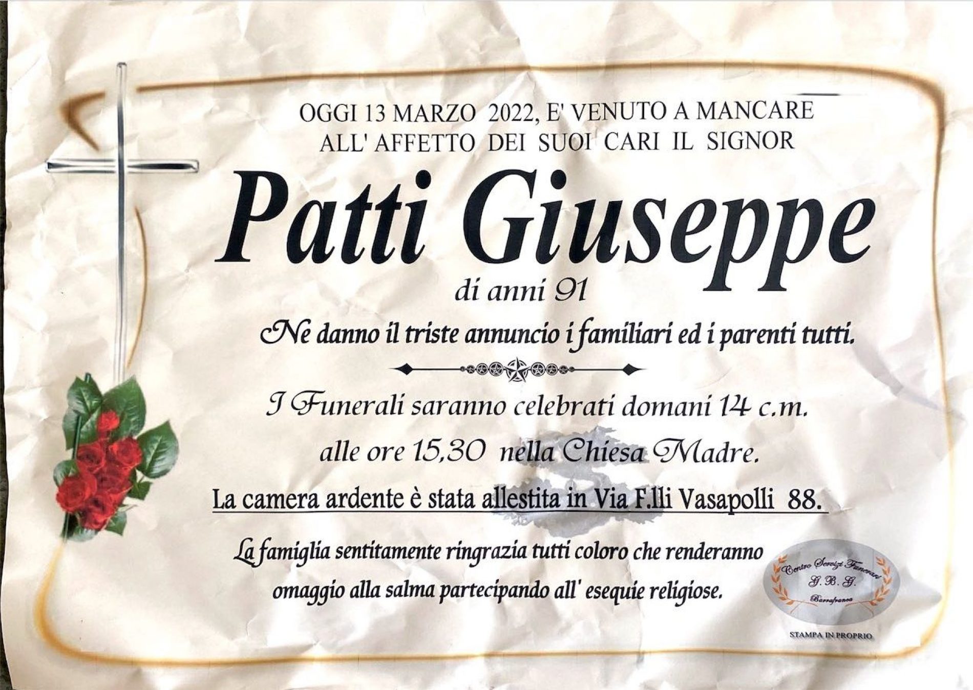 Annuncio servizi funerari agenzia G.B.G. sig. Patti Giuseppe di anni 91