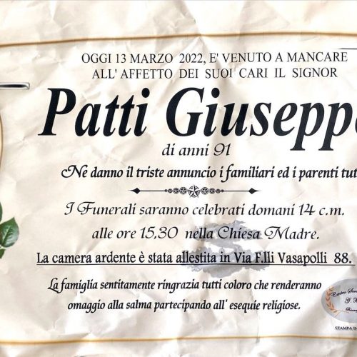 Annuncio servizi funerari agenzia G.B.G. sig. Patti Giuseppe di anni 91