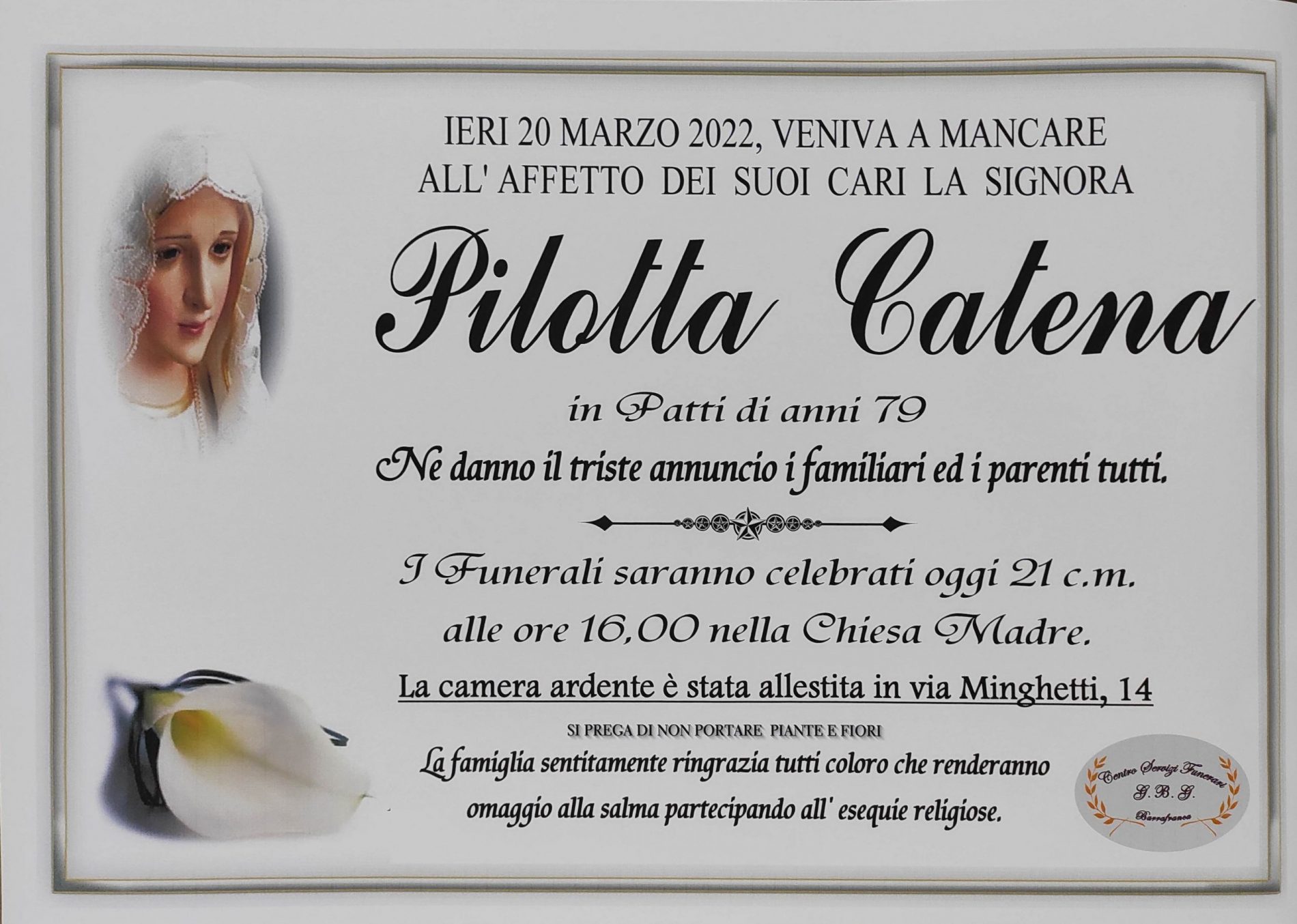 Annuncio servizi funerari agenzia G.B.G. signora Pilotta Catena in Patti di anni 79