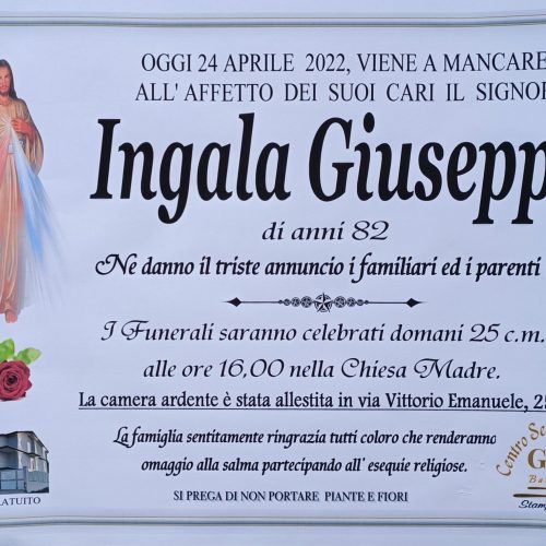 Annuncio servizi funerari agenzia G.B.G. sig Ingala Giuseppe di anni 82