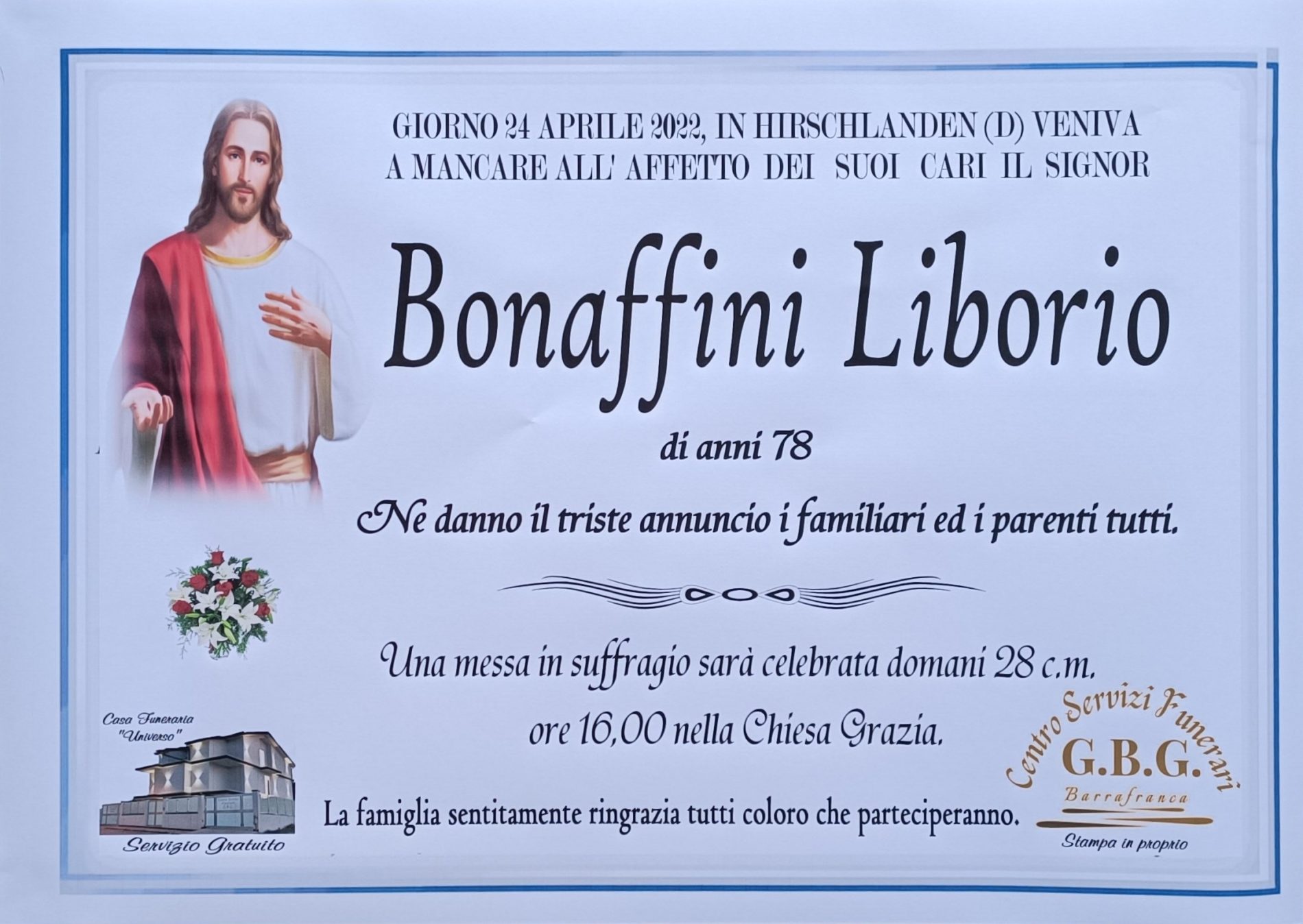 Annuncio servizi funerari agenzia G.B.G. sig Bonaffini Liborio di anni 78