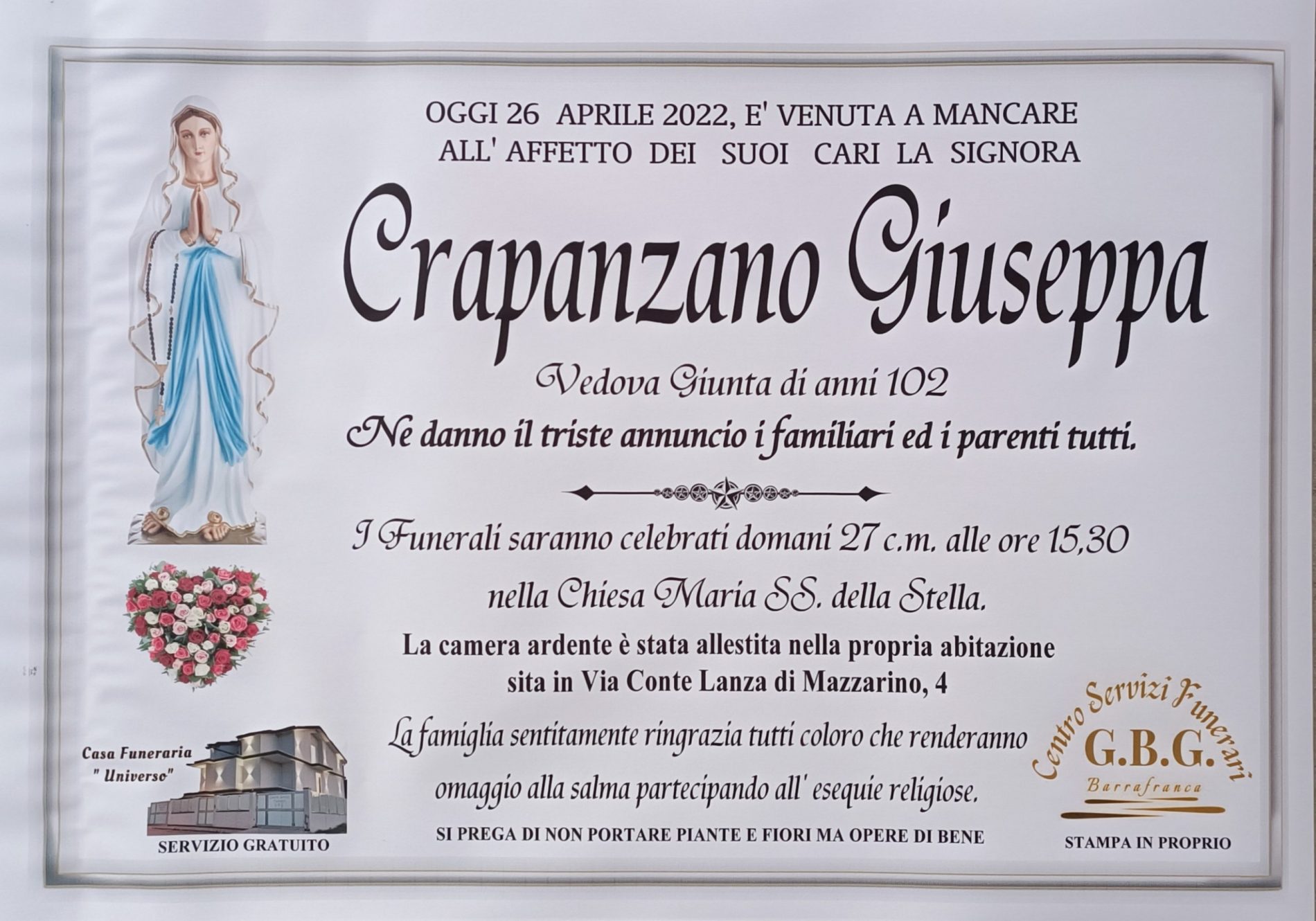 Annuncio servizi funerari agenzia G.B.G. signora Crapanzano Giuseppaved. Giunta di anni 102