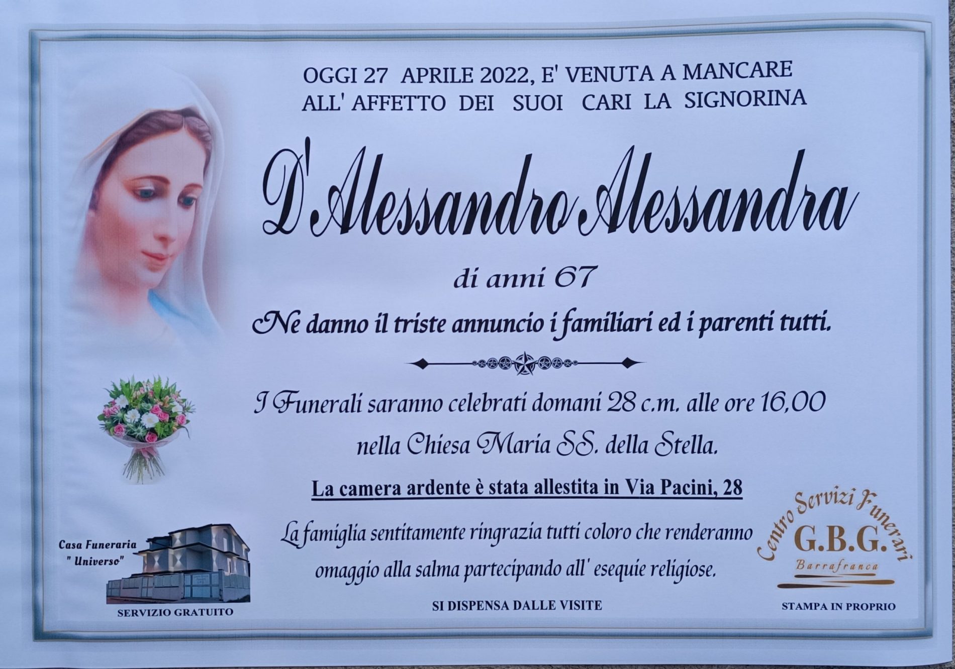 Annuncio servizi funerari agenzia G.B.G. signora D’Alessandro Alessandra di anni 67