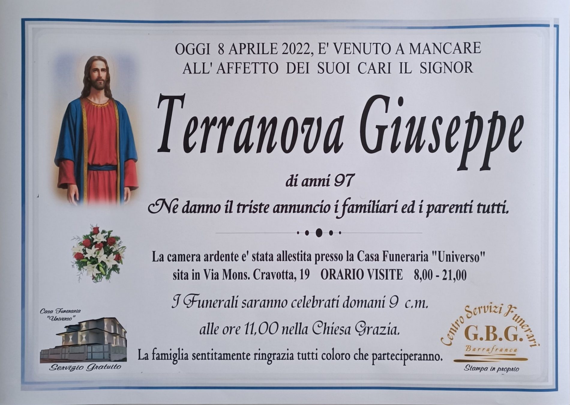 ANNUNCIO CENTRO SERVIZI FUNERARI G.B.G. sig. Terranova Giuseppe di anni 97