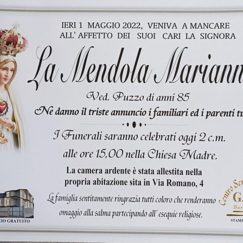 Annuncio servizi funerari agenzia G.B.G. signora La Mendola Mariannina ved. Puzzo di anni 85