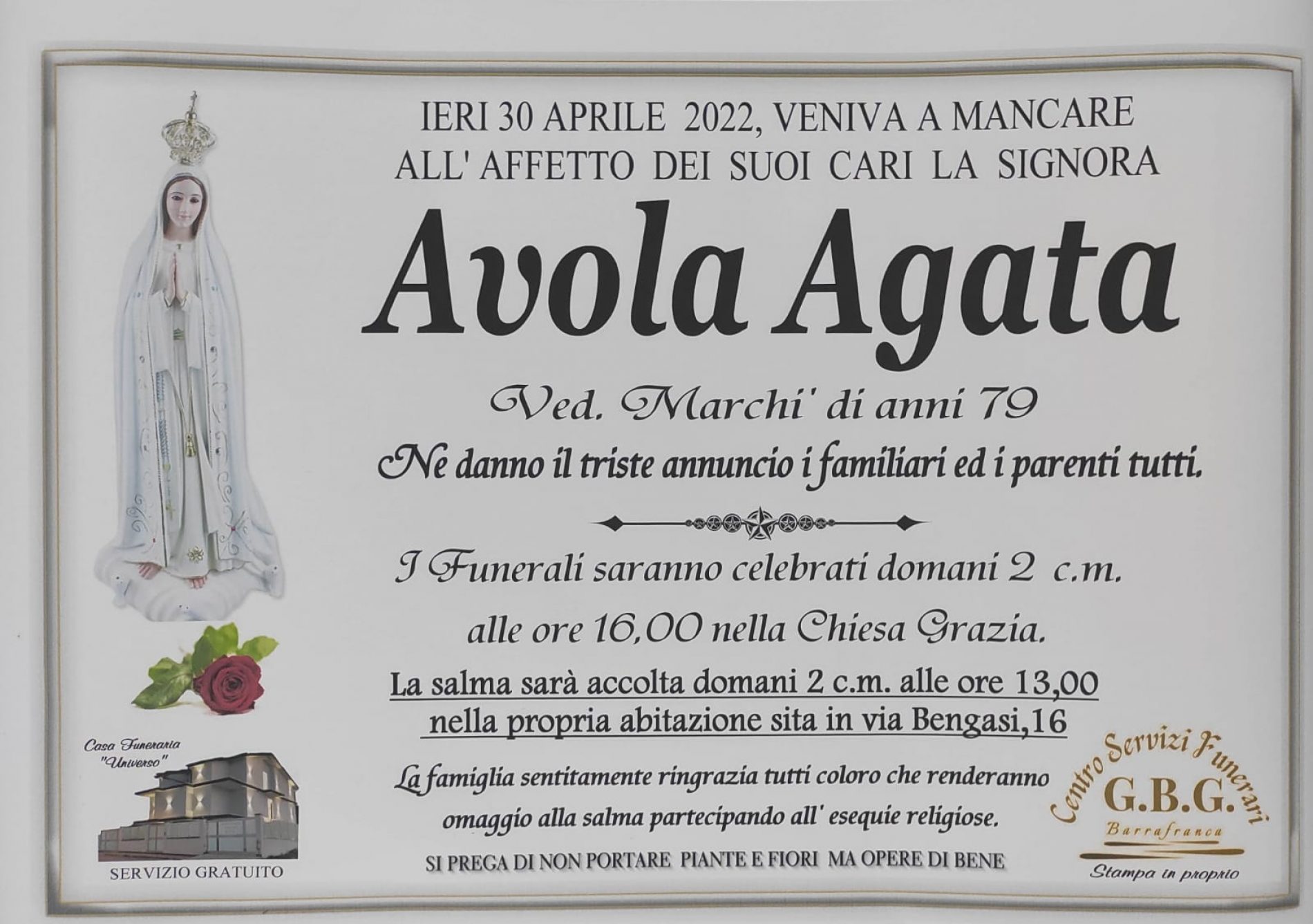 Annuncio servizi funerari agenzia G.B.G. signora Avola Agata ved. Marchì di anni 79