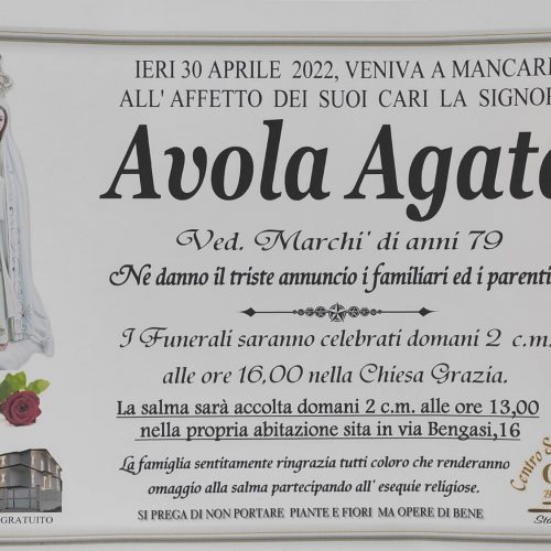 Annuncio servizi funerari agenzia G.B.G. signora Avola Agata ved. Marchì di anni 79
