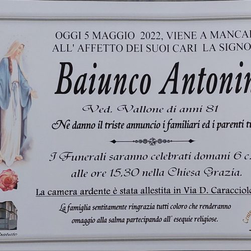 Annuncio servizi funerari agenzia G.B.G. signora Baiunco Antonina ved. Vallone di anni 81