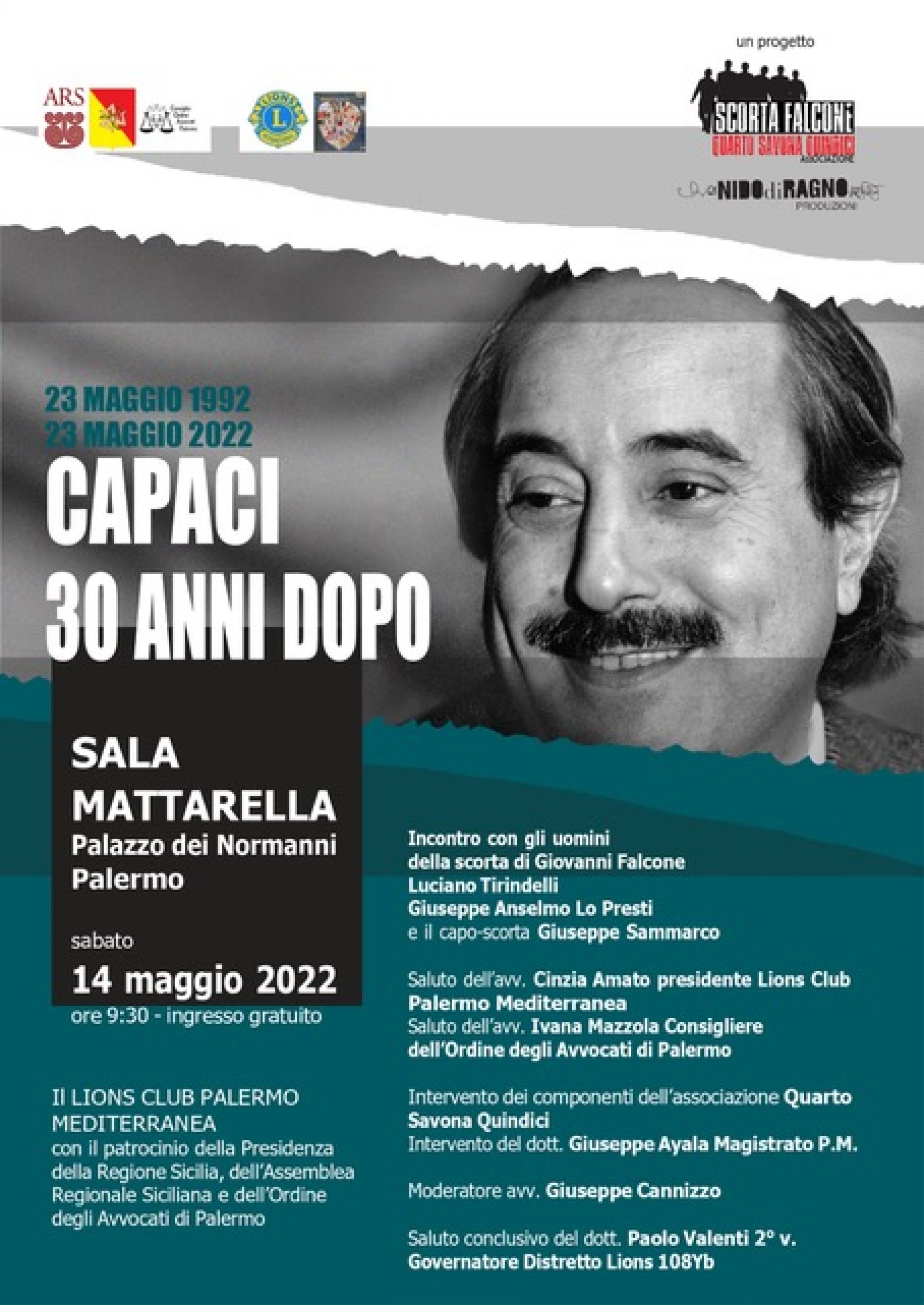 “Capaci 30 anni dopo”: sabato 14 maggio, convegno a Palazzo dei Normanni organizzato dal Lions Club Palermo Mediterranea