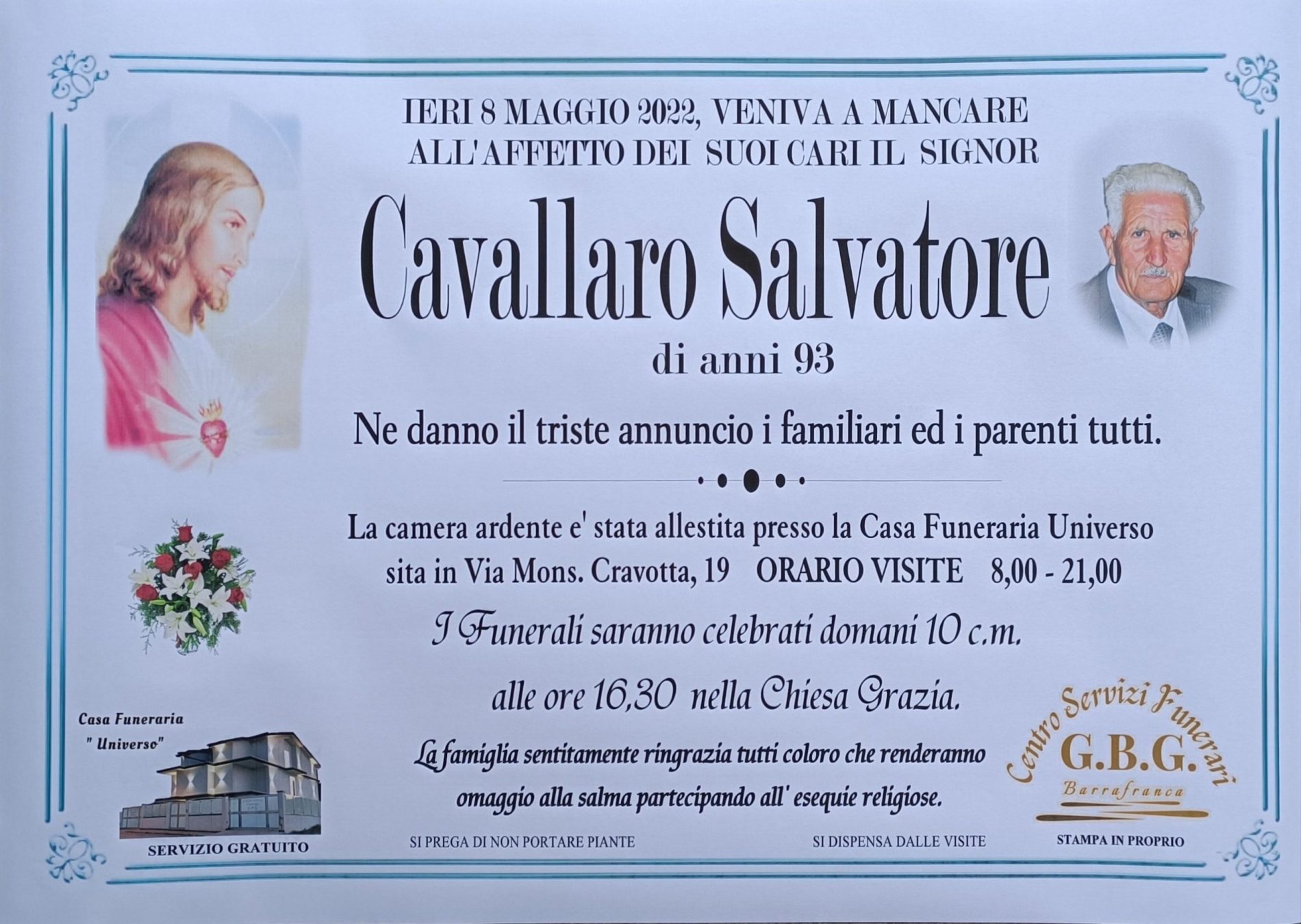 Annuncio servizi funerari agenzia G.B.G. sig Cavallaro Salvatore di anni 93