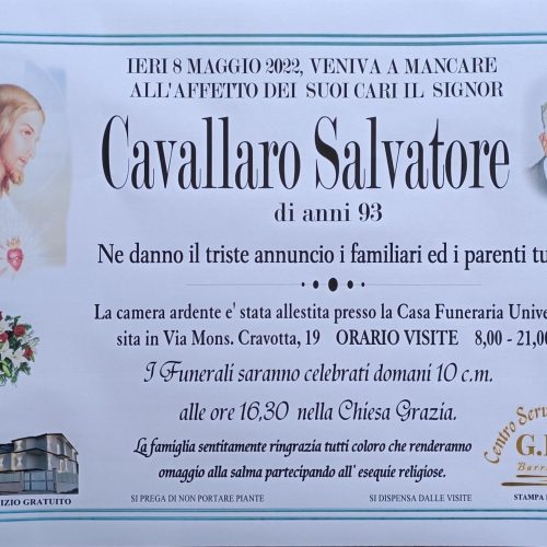 Annuncio servizi funerari agenzia G.B.G. sig Cavallaro Salvatore di anni 93
