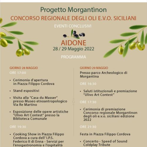 AIDONE. Progetto Morgantinon, il concorso regionale degli oli E.V.O. siciliani il 28-29 maggio
