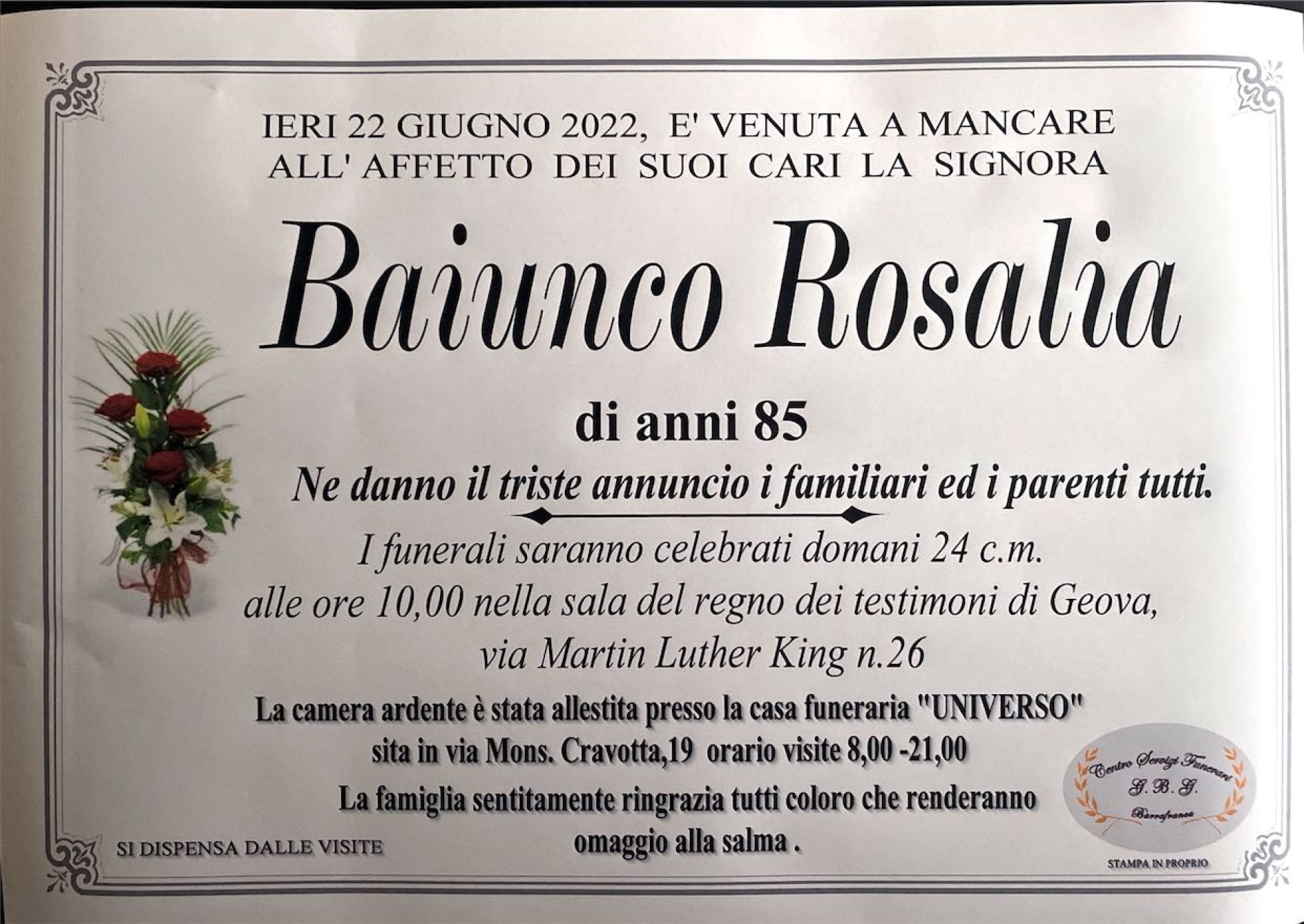 Annuncio servizi funerari agenzia G.B.G signora Baiunco Rosalia di anni 85