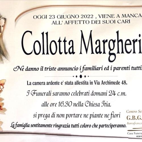 Annuncio servizi funerari G.B.G.  Collotta Margherita