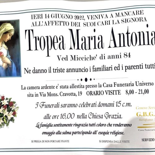 Annuncio servizi funerari agenzia G.B.G. signora Tropea Maria Antonia ved. Miccichè di anni 84