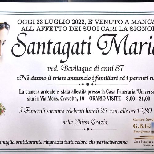 Annuncio servizi funerari agenzia G.B.G. signora  Santagati Maria ved Bevilacqua