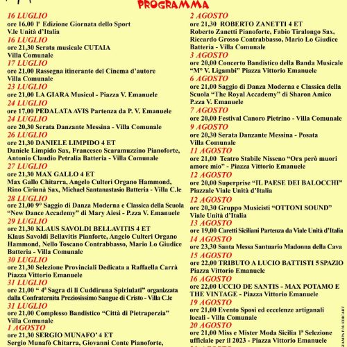 PIETRAPERZIA. Diramato il calendario particolareggiato dell’estate Pietrina 2022. In totale 29 eventi.