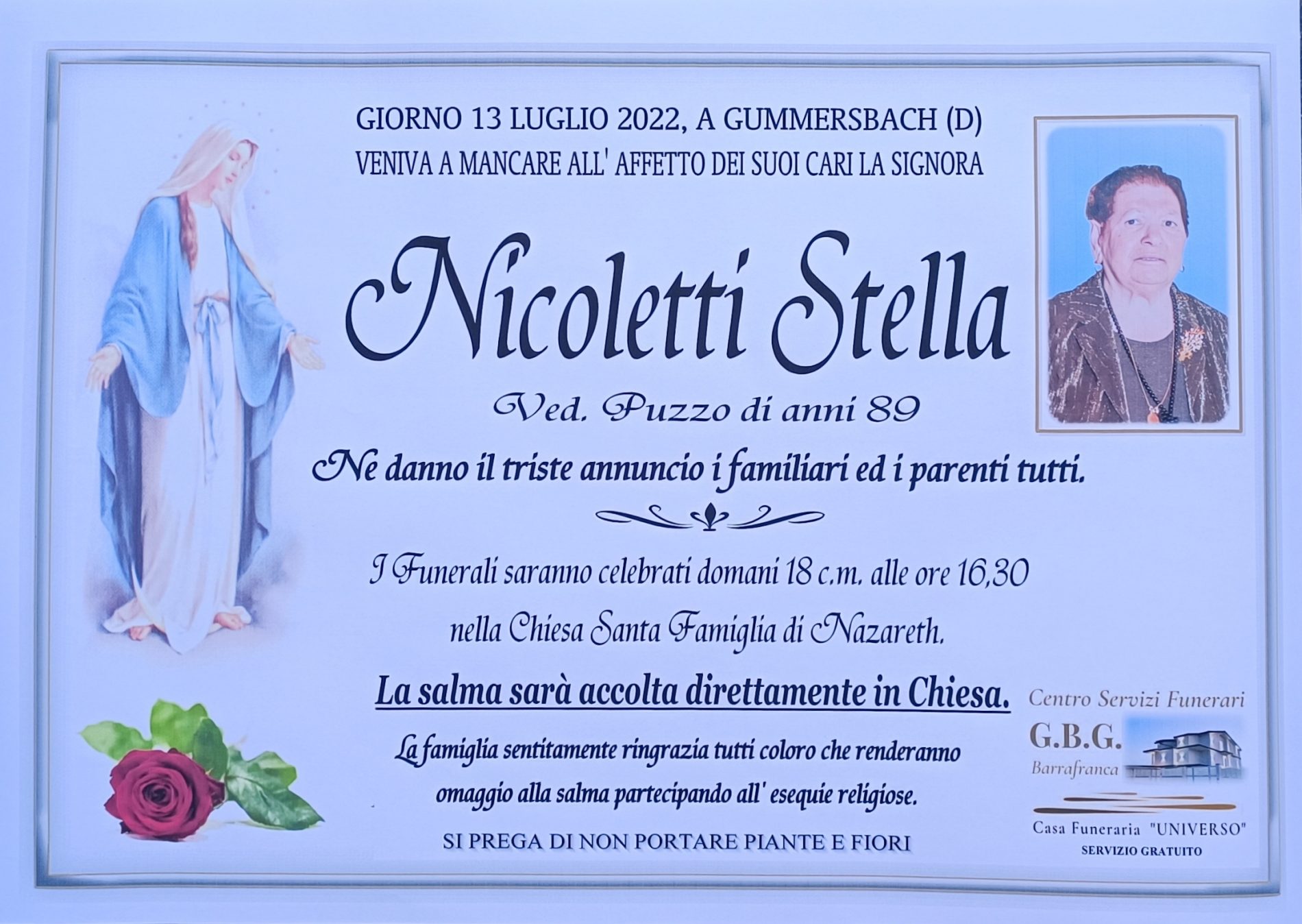 ANNUNCIO CENTRO SERVIZI FUNERARI G.B.G. Sig.ra Nicoletti Stella ved. Puzzo di anni 89