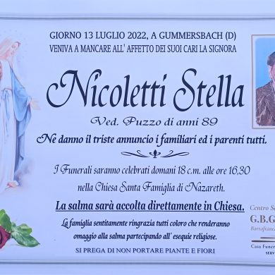 ANNUNCIO CENTRO SERVIZI FUNERARI G.B.G. Sig.ra Nicoletti Stella ved. Puzzo di anni 89