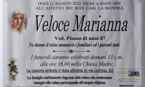 Annuncio servizi funerari agenzia G.B.G. Signora Veloce Marianna ved. Pisano di anni 87