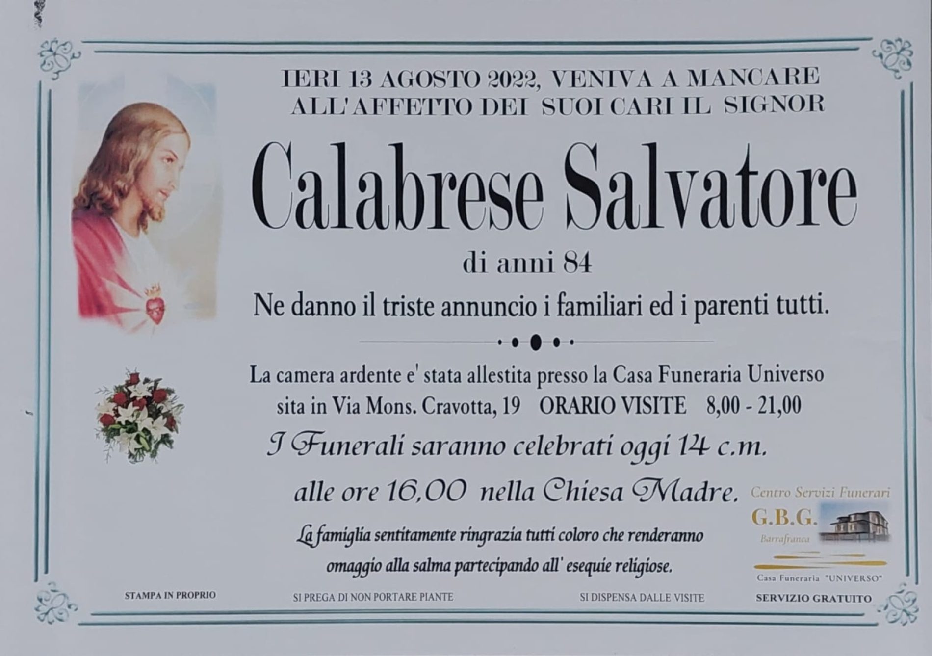 Annuncio servizi funerari agenzia G.B.G. signor Salvatore Calabrese di anni 84