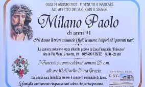 Annuncio servizi funerari agenzia G.B.G.  signor Milano Paolo di anni 91