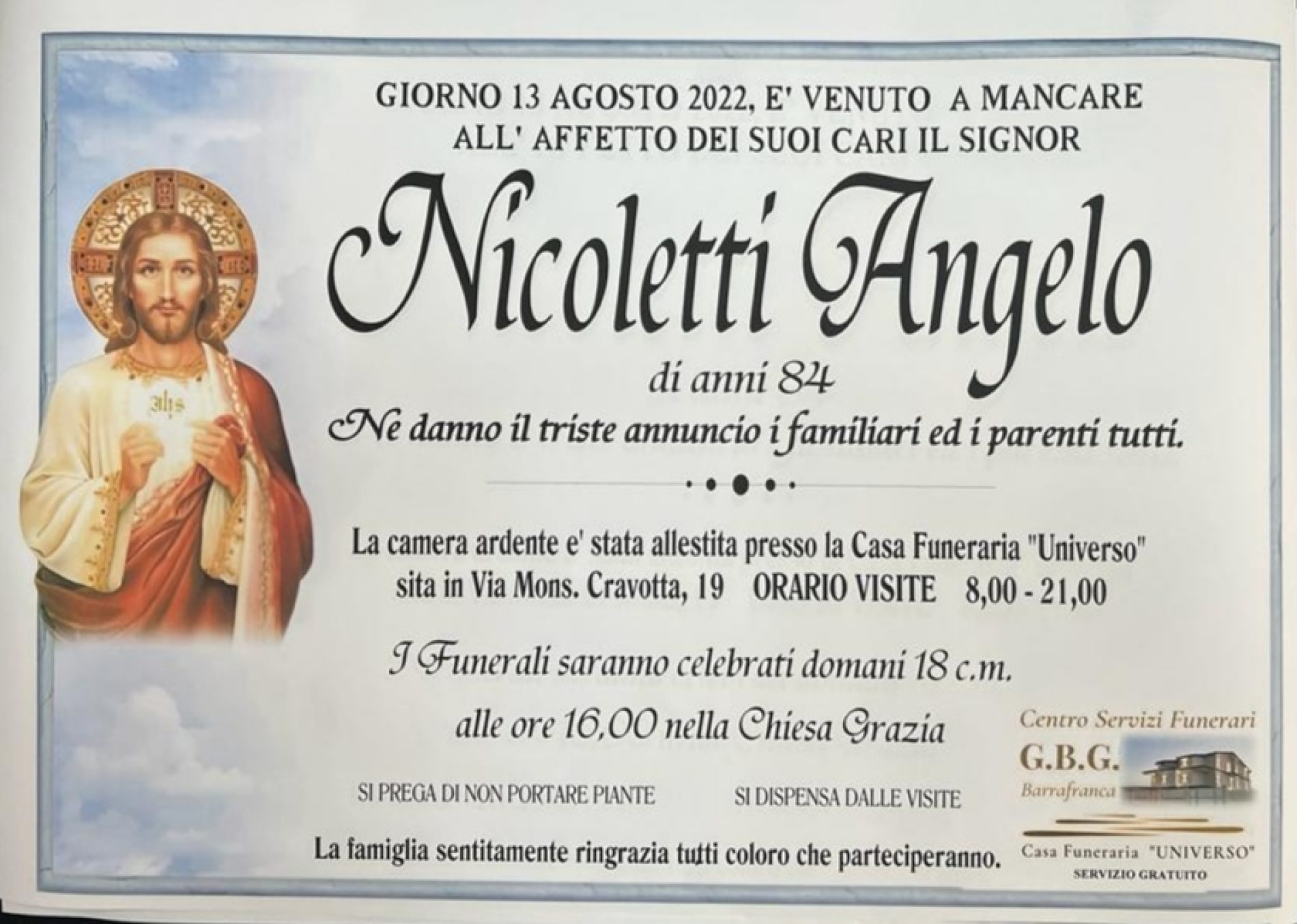 ANNUNCIO CENTRO SERVIZI FUNERARI G.B.G. Sig. Nicoletti Angelo di anni 84